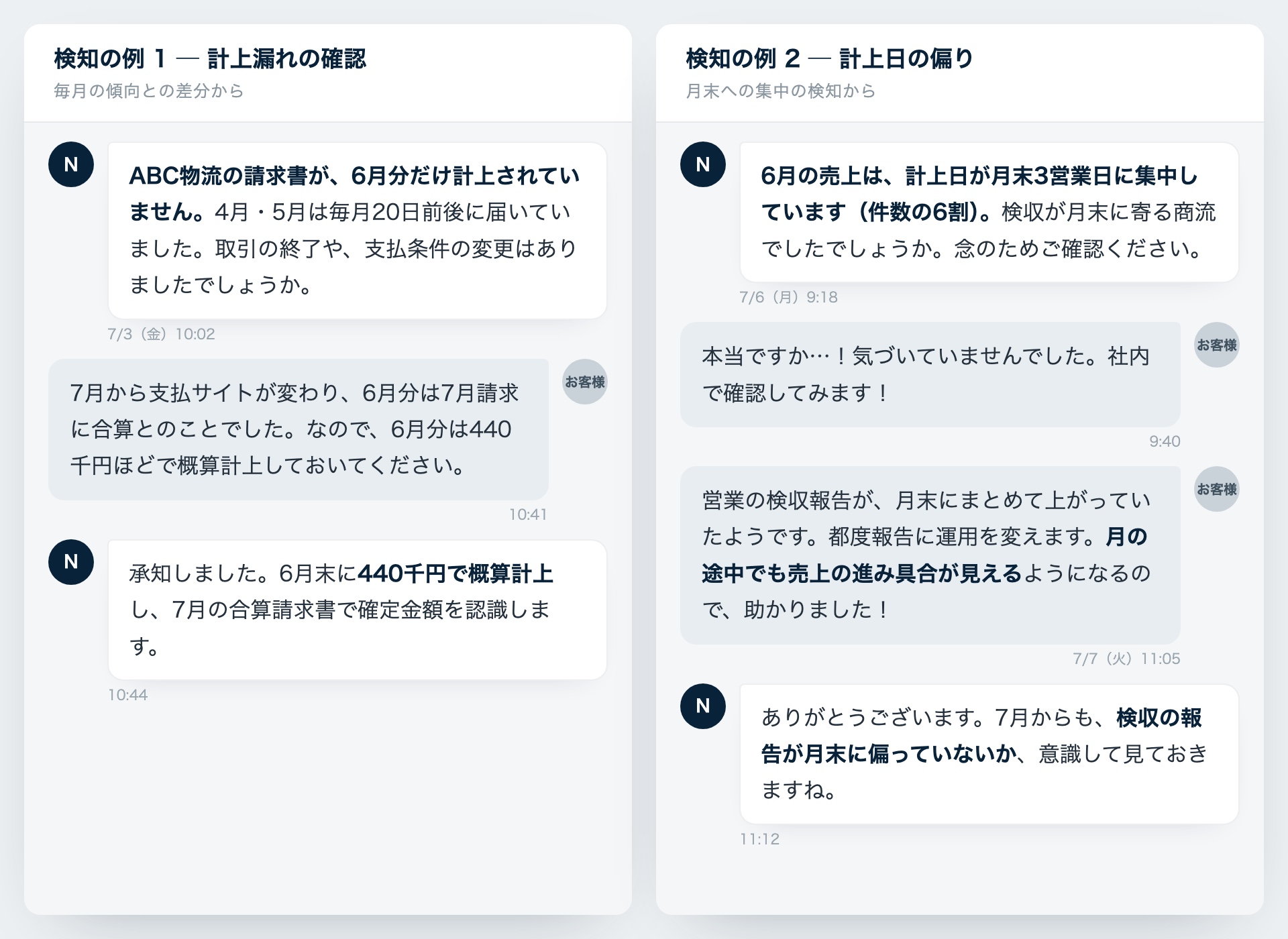 検知に基づく確認のやりとり（サンプル）
